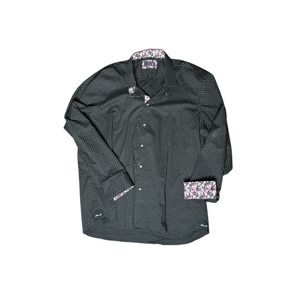 Jonny D Men’s XL Black White Polka Dot Button Down Shirt Floral Trim - Picture 2 of 9